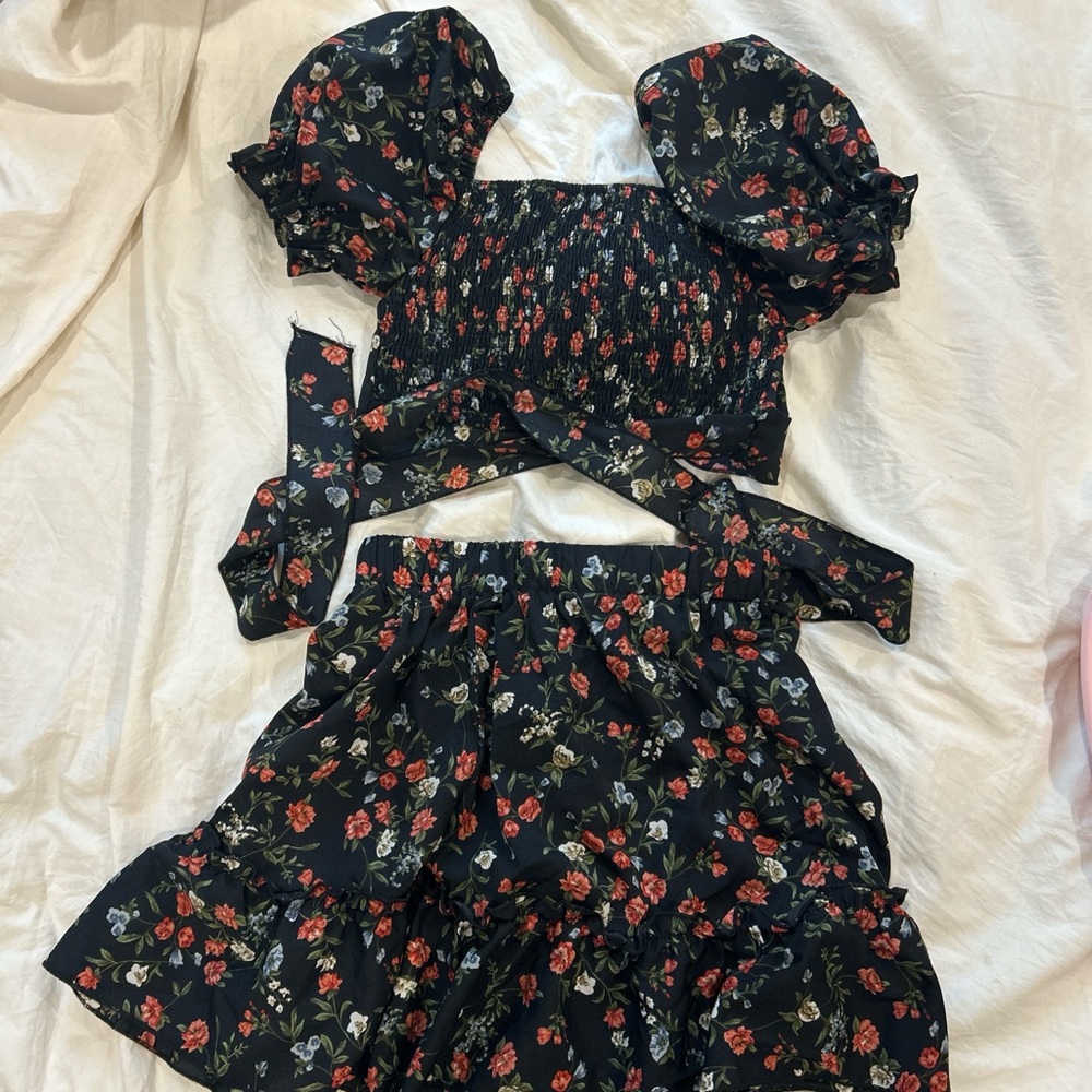 Floral Puff Sleeve Crop Top and Skirt Set